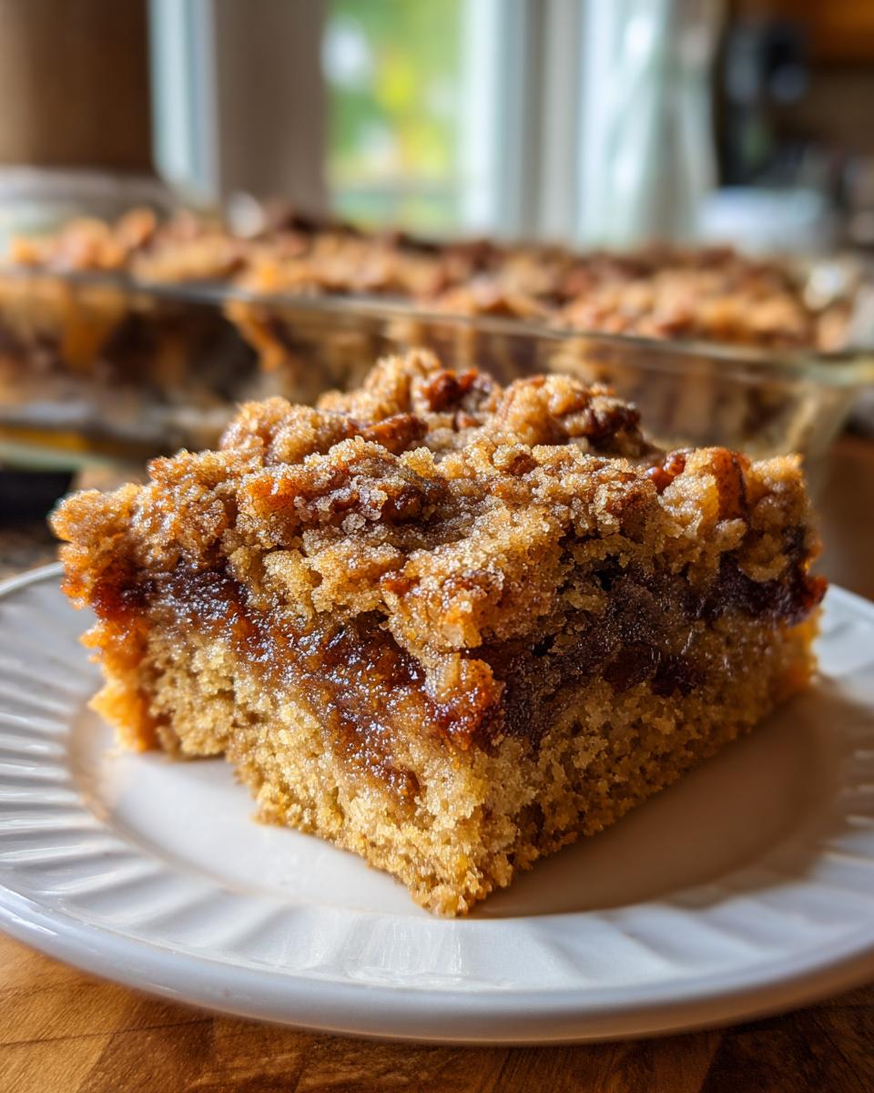 A close-up of a slice of granny cake with a crumb topping and a pineapple filling.
