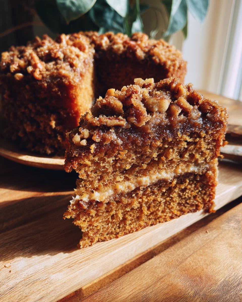A close-up of a slice of moist granny cake, revealing layers of cake and filling, topped with a crunchy crumble.