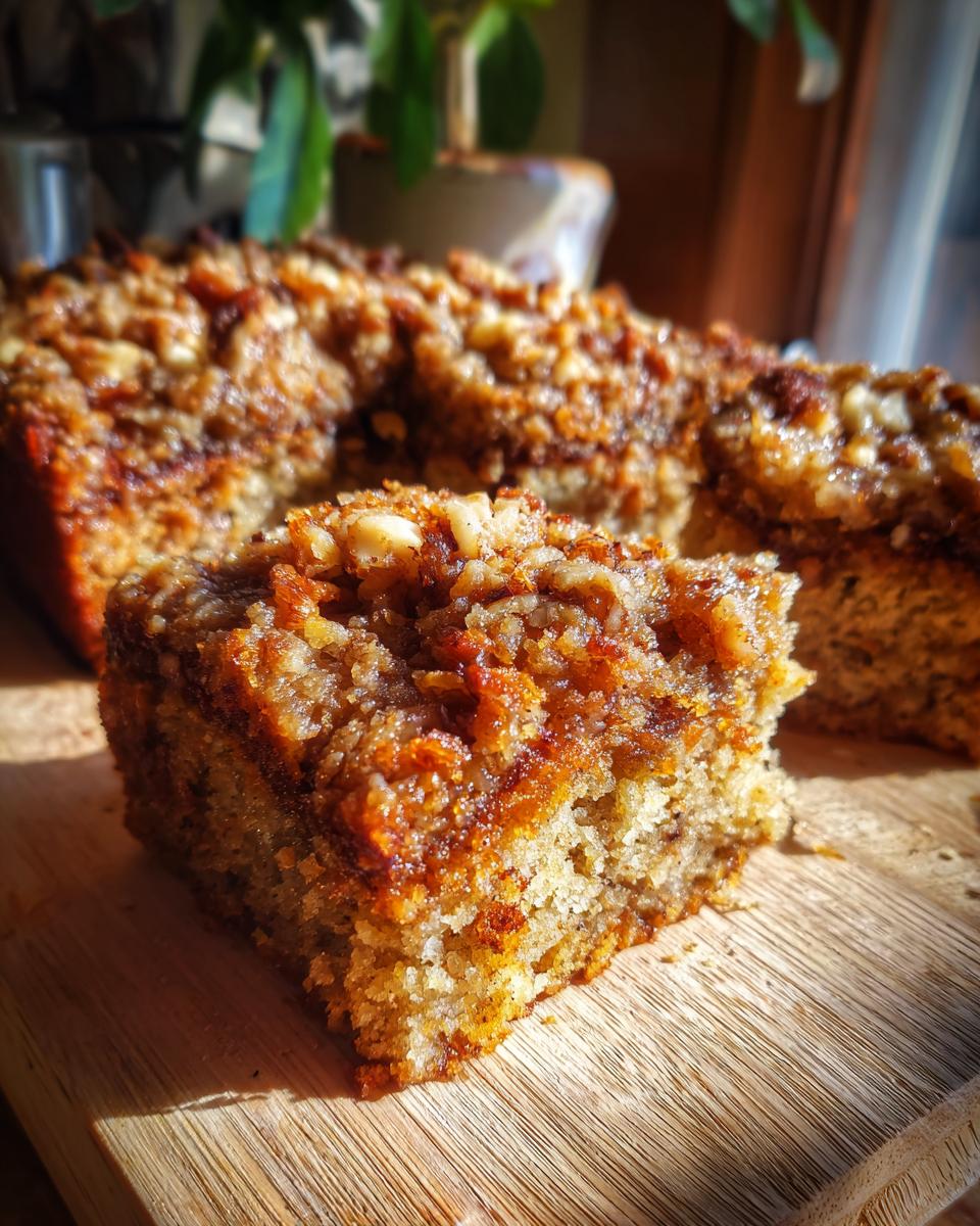 A close-up of a slice of granny cake with a crunchy, caramelized nut topping on a wooden board.