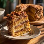 A delicious slice of Granny Cake, featuring layers of moist cake, creamy frosting, and a crunchy nut coating.
