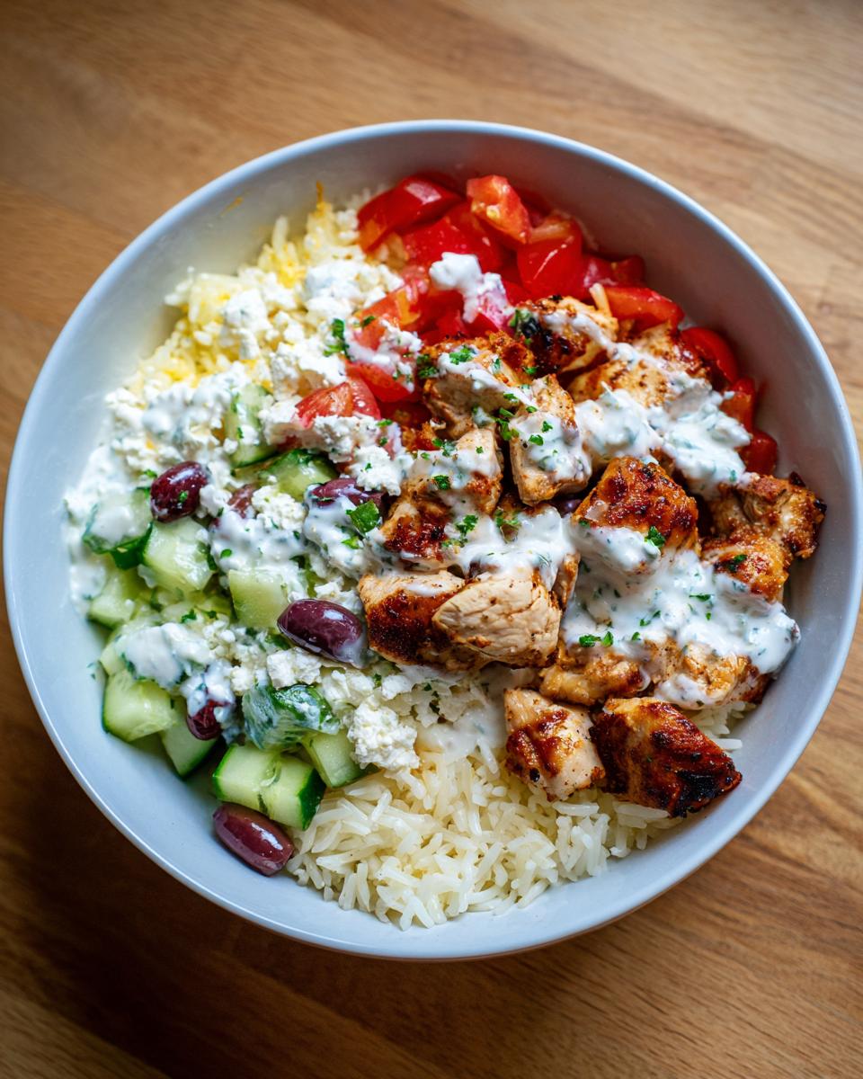 A close-up view of a Greek chicken tzatziki bowl filled with rice, grilled chicken, cucumber, tomatoes, feta, and tzatziki sauce.