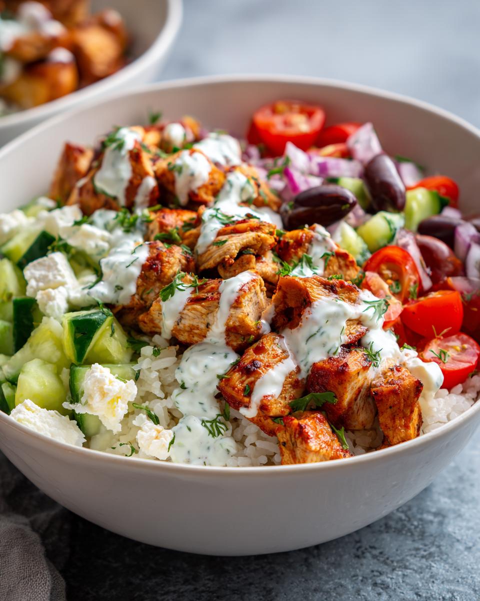 Close-up of a Greek chicken tzatziki bowl filled with rice, grilled chicken, cucumber, tomatoes, feta, and olives, drizzled with tzatziki sauce.