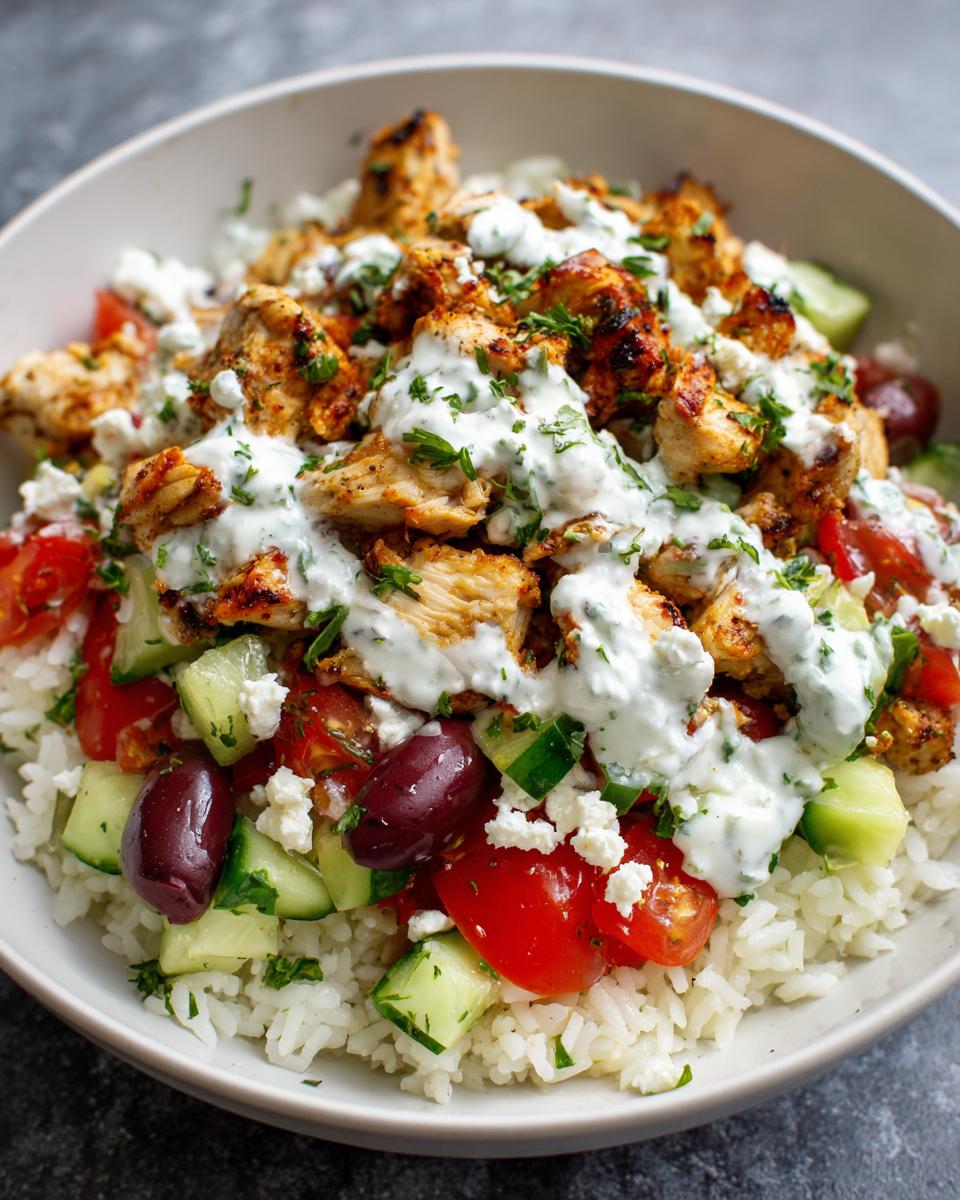 A close-up of a Greek chicken tzatziki bowl filled with rice, grilled chicken, cucumber, tomatoes, olives, feta, and tzatziki sauce.
