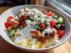 Close-up of a Greek chicken tzatziki bowl with rice, grilled chicken, cucumber, tomatoes, olives, feta, and tzatziki sauce.