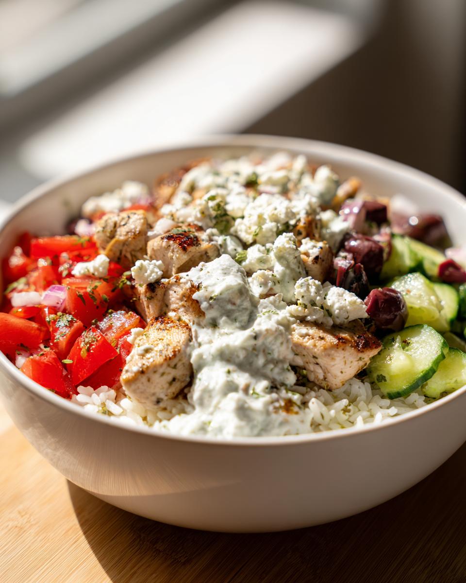 A close-up of a Greek chicken tzatziki bowl filled with rice, grilled chicken, tomatoes, cucumbers, olives, feta, and tzatziki sauce.