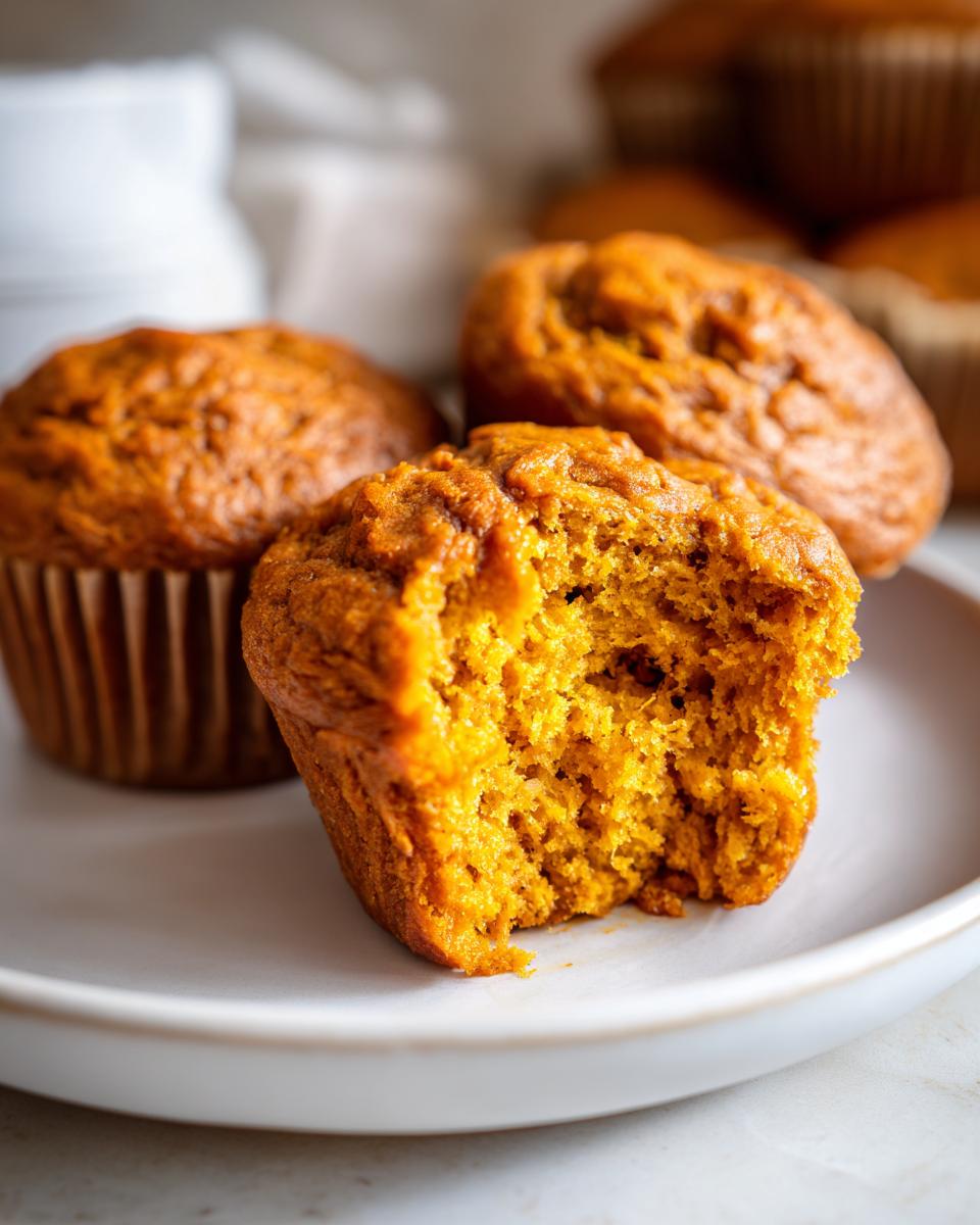 Close-up of a delicious Greek yogurt pumpkin muffin with a bite taken out, showing its moist texture.