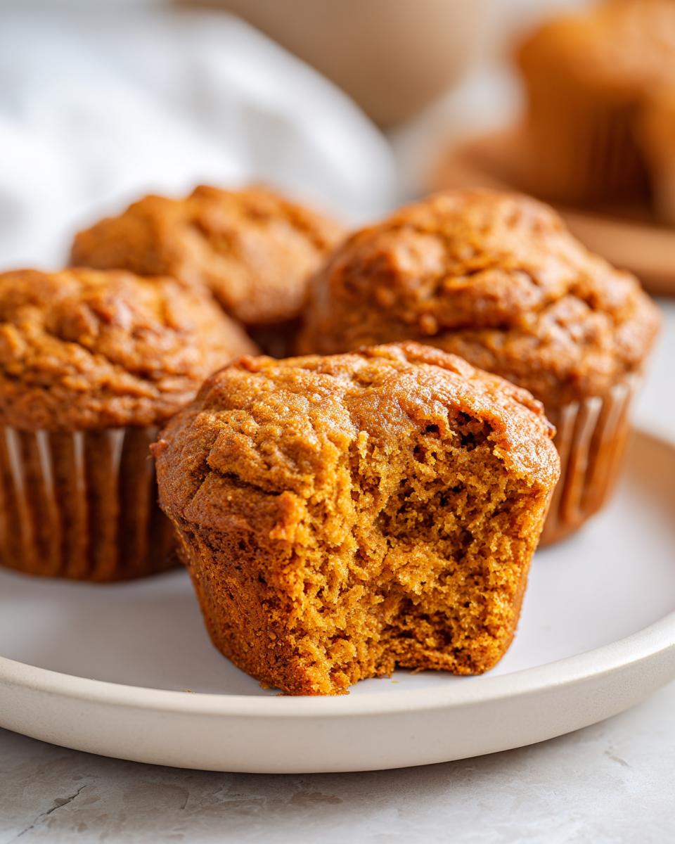 Close-up of a delicious Greek yogurt pumpkin muffin with a bite taken out, showing its moist texture.
