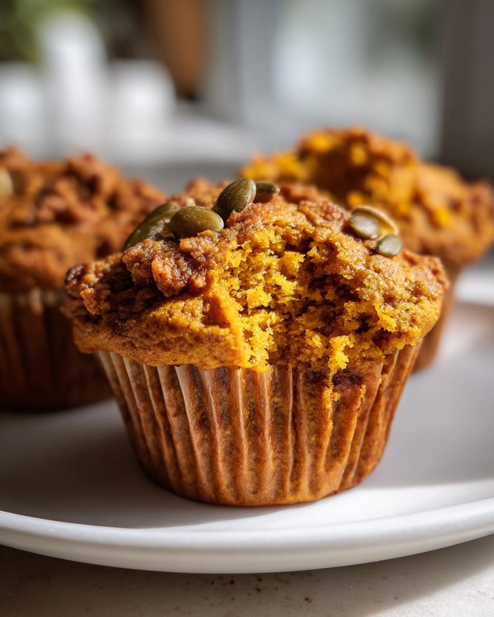 Close-up of a moist Greek yogurt pumpkin muffin with a bite taken out, topped with pumpkin seeds.