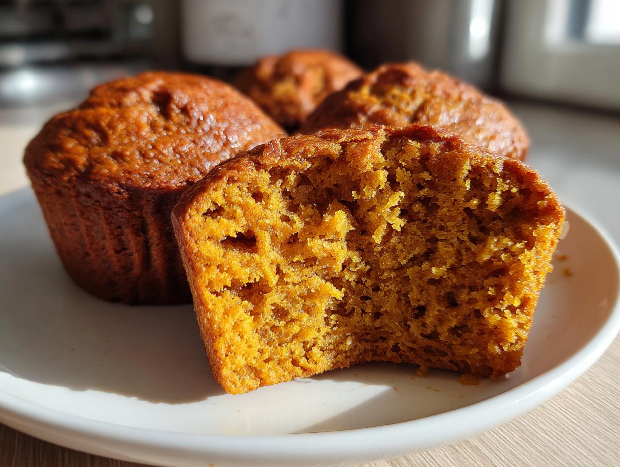 A close-up view of a perfectly baked Greek yogurt pumpkin muffin, with one muffin cut in half to reveal its moist, airy interior.