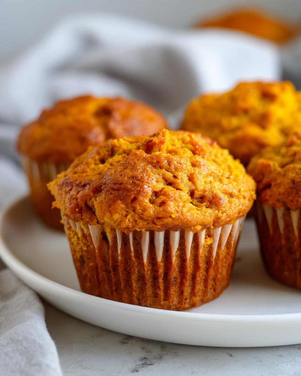 Close-up of fluffy Greek yogurt pumpkin muffins on a white plate, ready to be enjoyed.