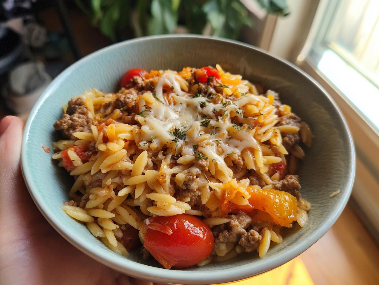 A close-up of a bowl of ground beef orzo pasta dish with cherry tomatoes, melted cheese, and herbs.