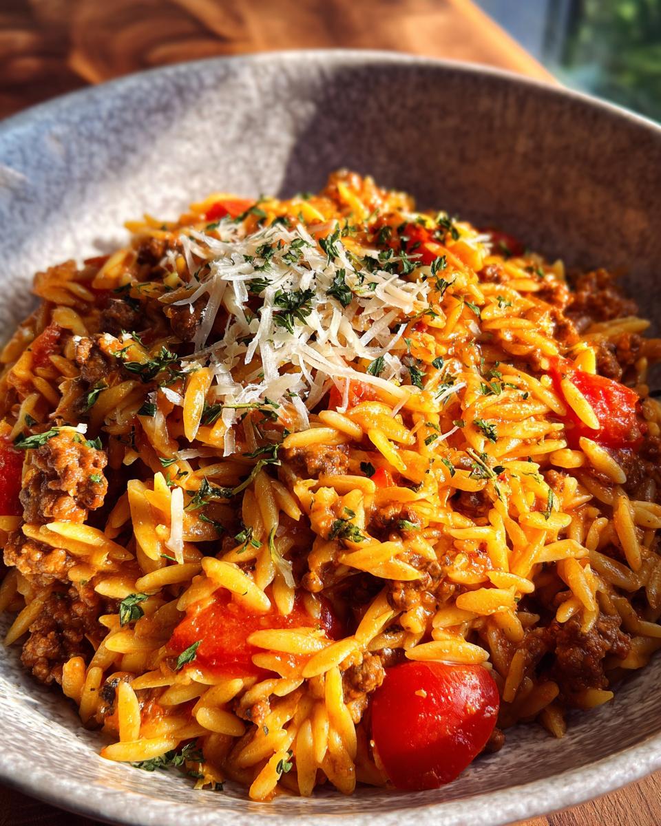 A close-up of a bowl of ground beef orzo pasta with tomatoes and shredded cheese.