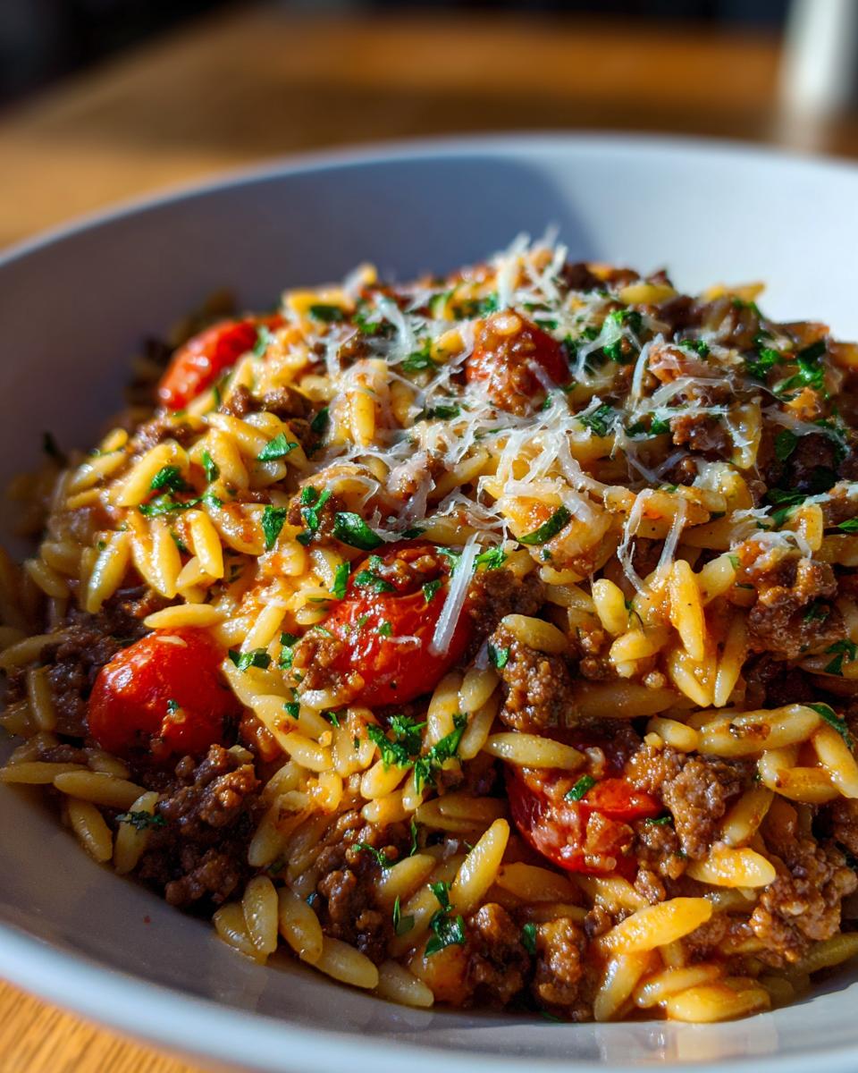 A close-up of a bowl of ground beef orzo pasta dish, featuring tender orzo, seasoned ground beef, cherry tomatoes, and a sprinkle of grated cheese and parsley.