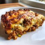 A delicious slice of ground beef zucchini casserole with melted cheese on a white plate.