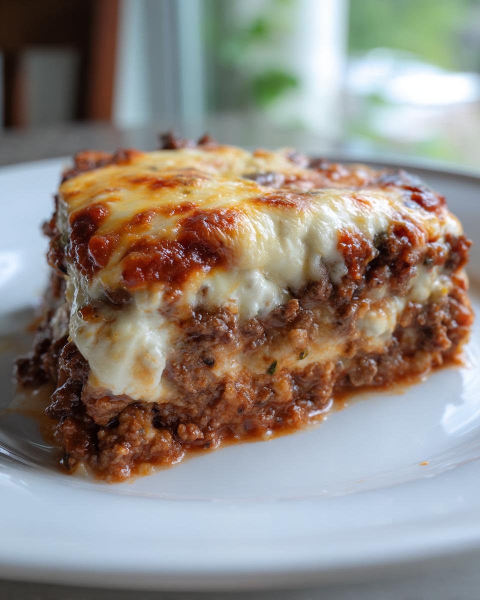 A slice of ground beef zucchini casserole with melted cheese and tomato sauce on a white plate.