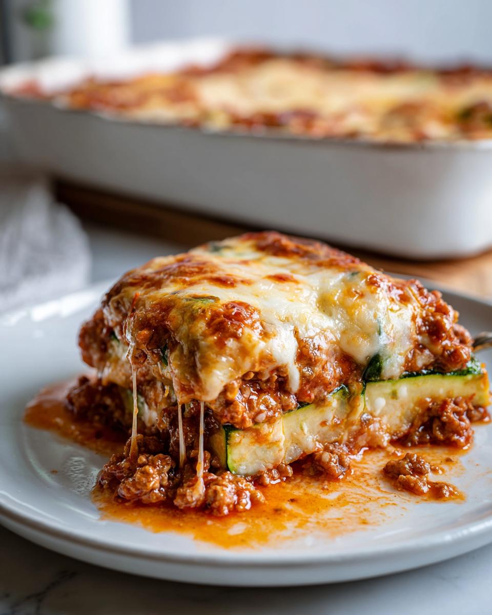A delicious slice of ground beef zucchini casserole, layered with zucchini, meat sauce, and melted cheese.