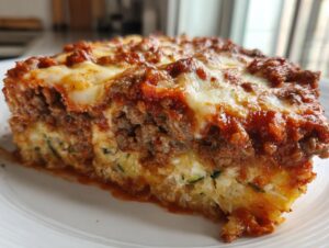 A delicious slice of ground beef zucchini casserole with melted cheese and rich tomato sauce.