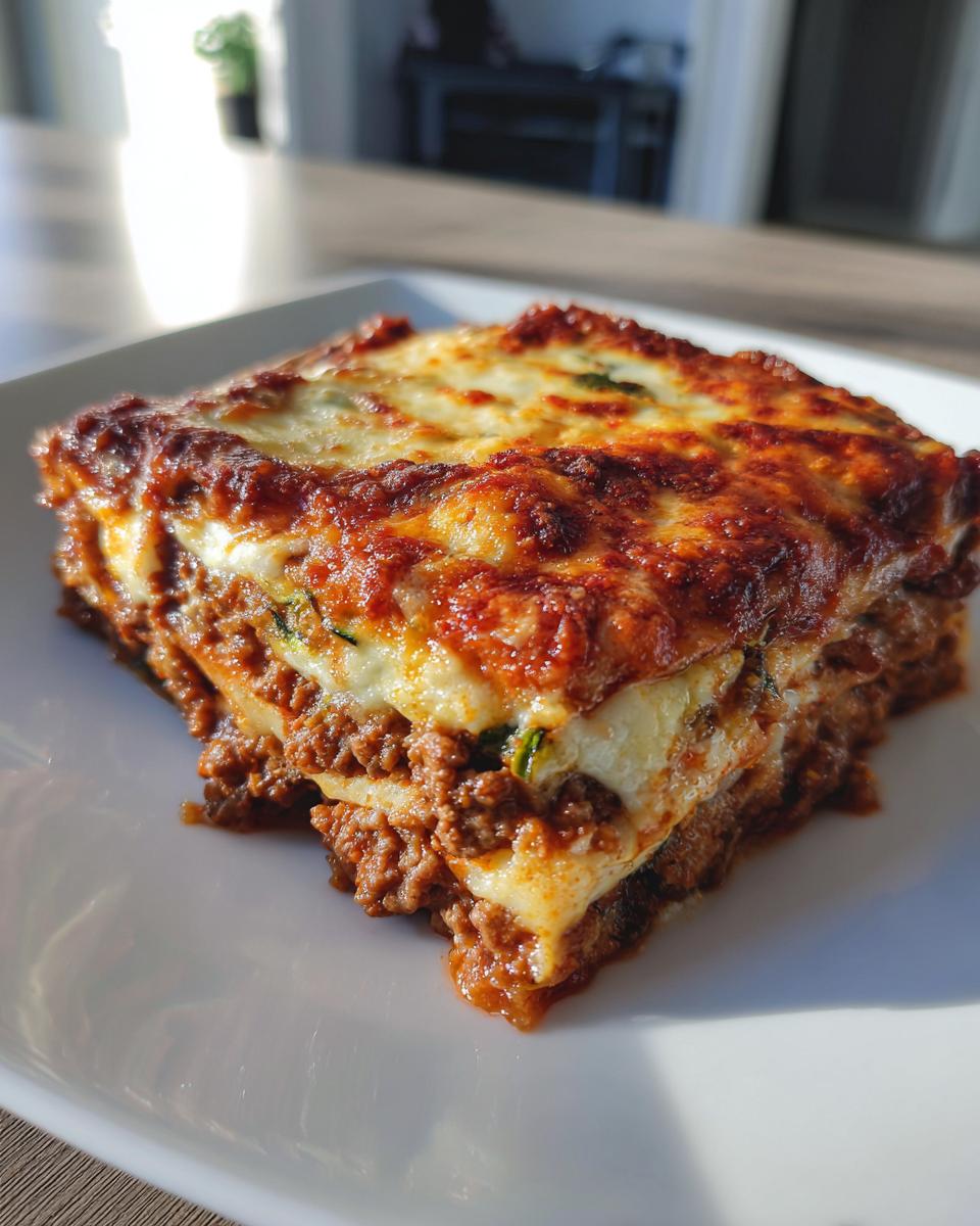 A delicious slice of ground beef zucchini casserole with layers of pasta, meat sauce, and cheese.
