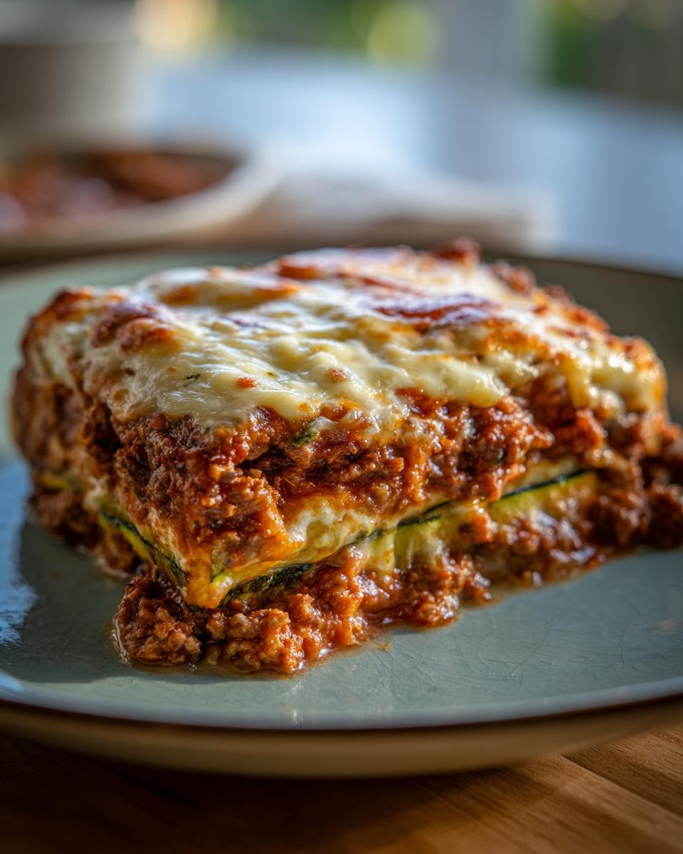 A delicious slice of ground beef zucchini casserole, layered with meat sauce and melted cheese.