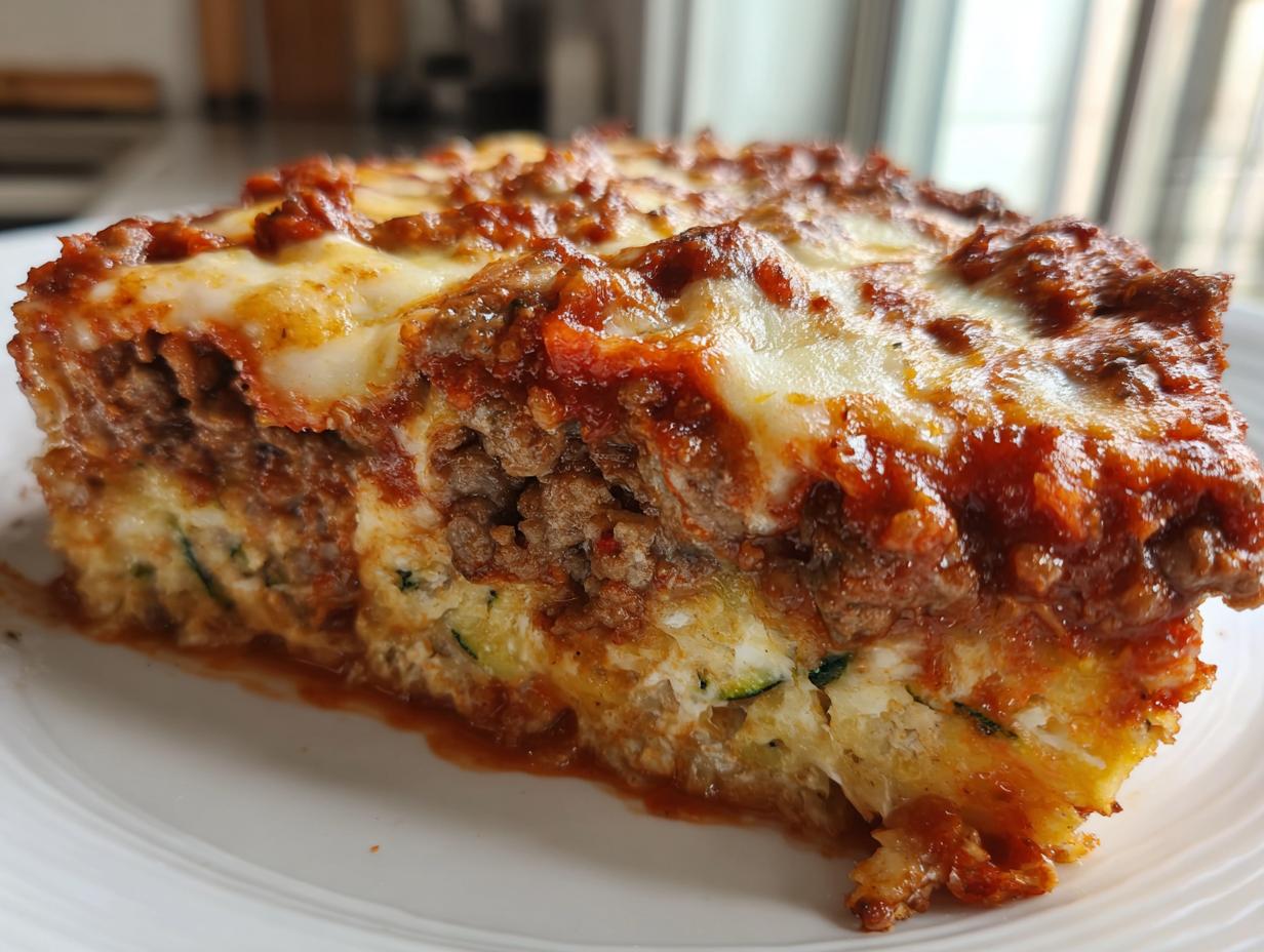 A delicious slice of ground beef zucchini casserole with melted cheese and rich tomato sauce.