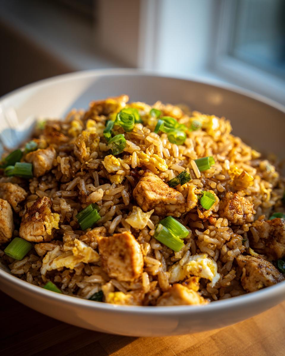 A close-up of a bowl filled with delicious ground chicken fried rice, garnished with green onions.