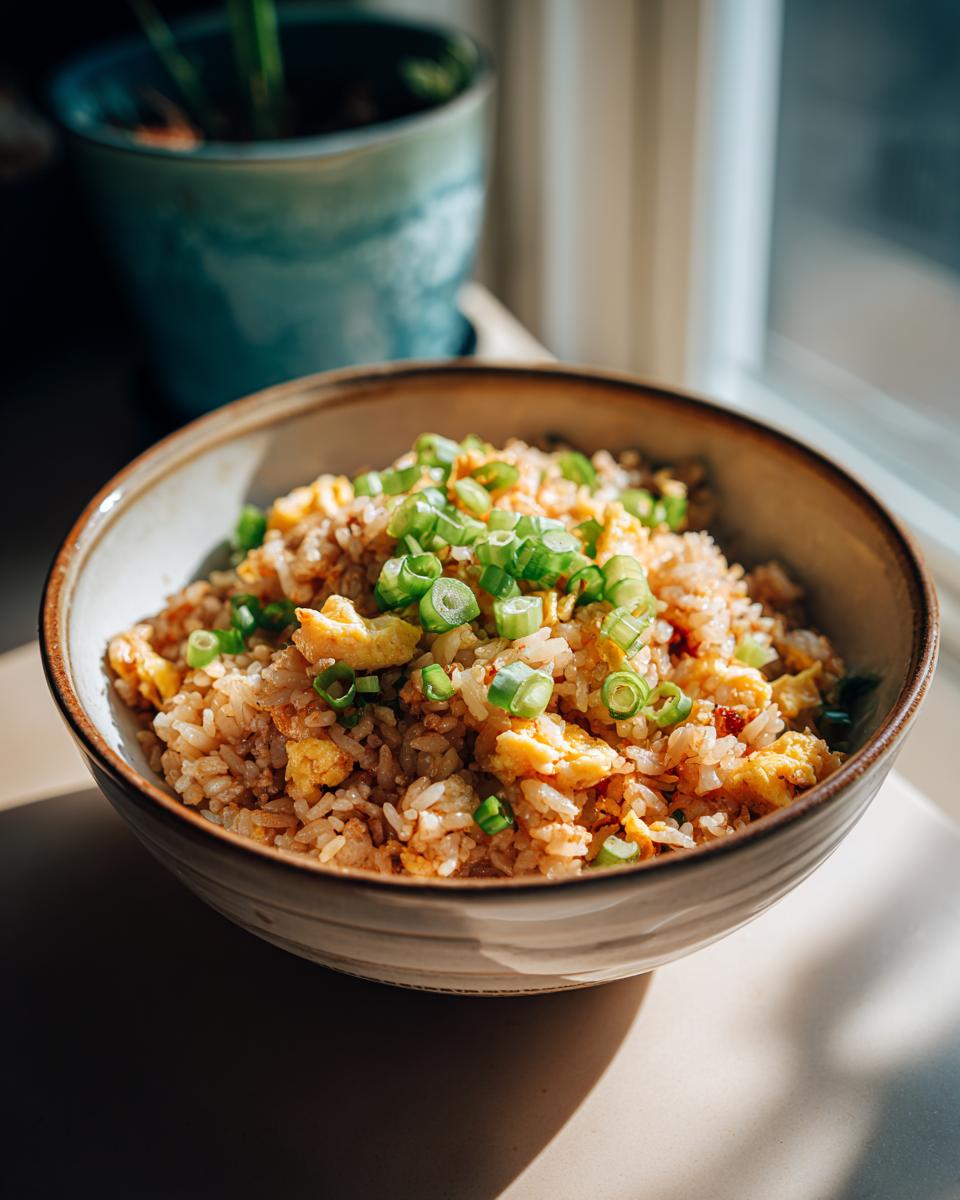 A bowl of delicious ground chicken fried rice topped with fresh green scallions.