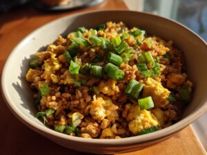 A close-up of a bowl of ground chicken fried rice topped with chopped green onions.