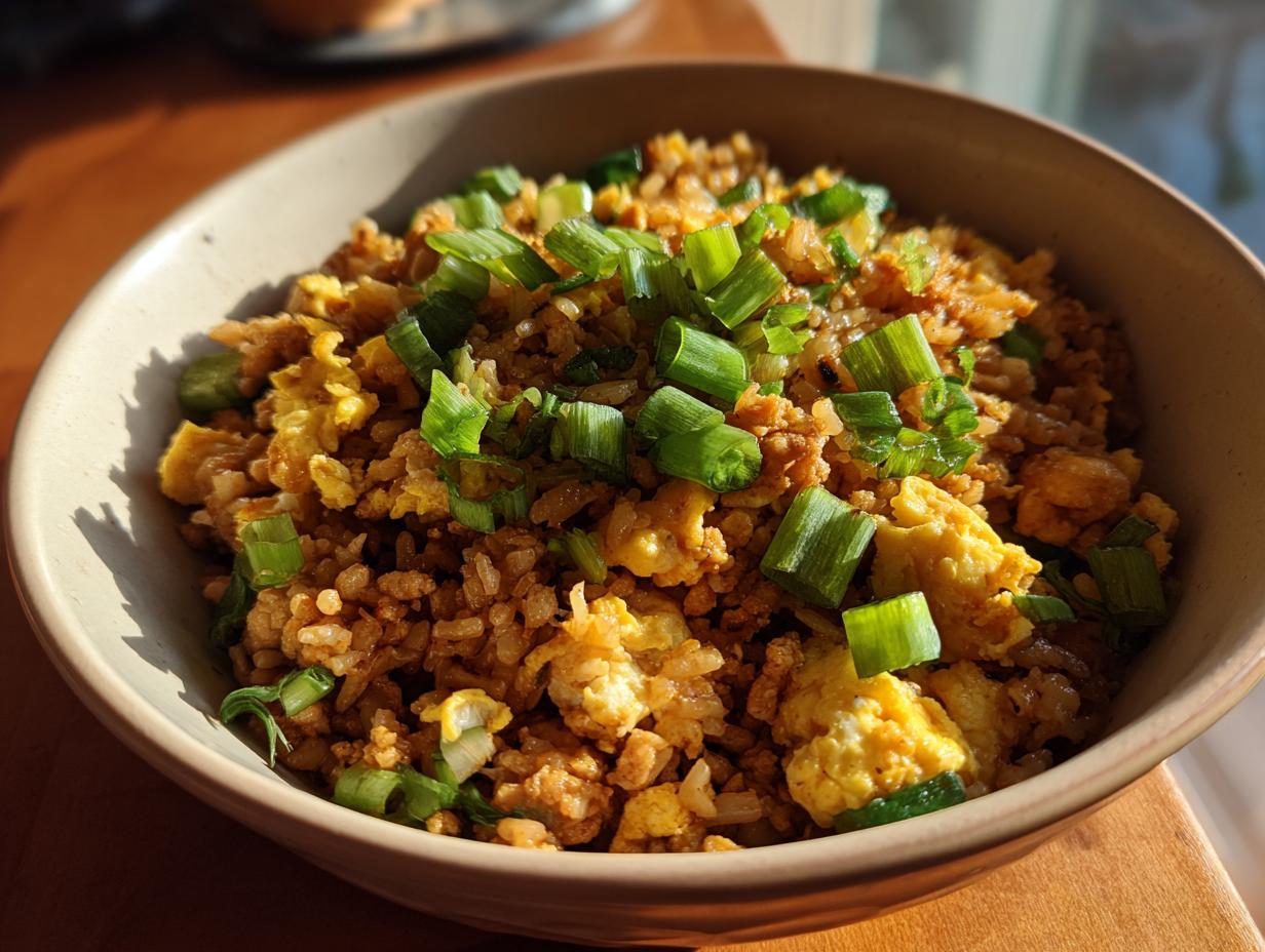 A close-up of a bowl of ground chicken fried rice topped with chopped green onions.