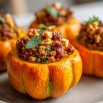 Close-up of a small, round pumpkin stuffed with a savory ground turkey mixture, topped with walnuts and herbs.