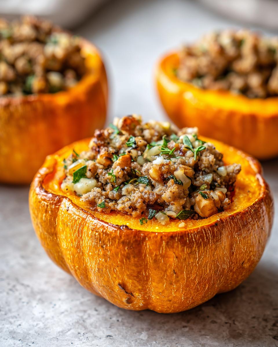 Close-up of a delicious ground turkey stuffed pumpkin, filled with a savory mixture and herbs.