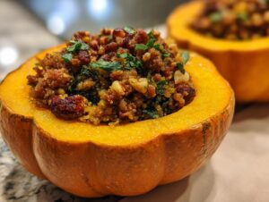 Close-up of a delicious ground turkey stuffed pumpkin, filled with a savory mixture and garnished with parsley.