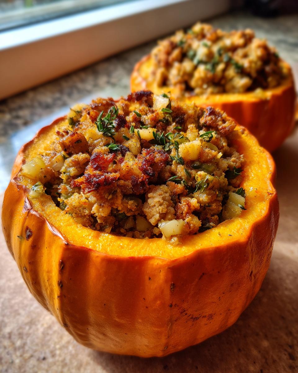Close-up of a delicious ground turkey stuffed pumpkin, filled with savory stuffing and herbs.