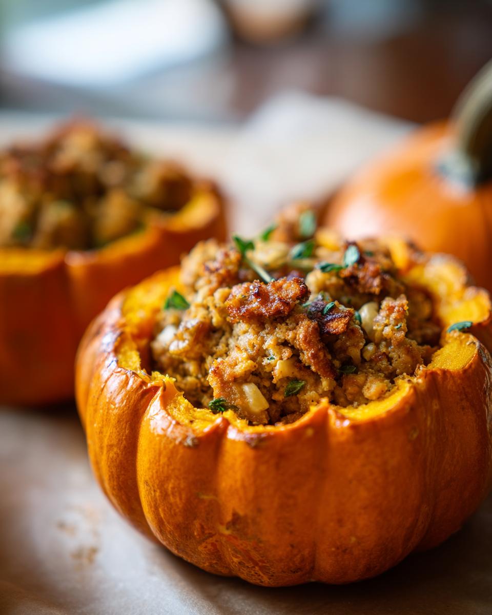 Close-up of a delicious ground turkey stuffed pumpkin, garnished with fresh herbs.