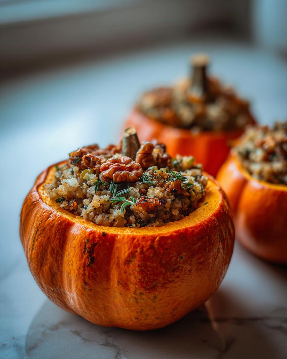 Close-up of a small, orange pumpkin stuffed with a savory mixture of ground turkey, grains, and topped with walnuts and herbs.