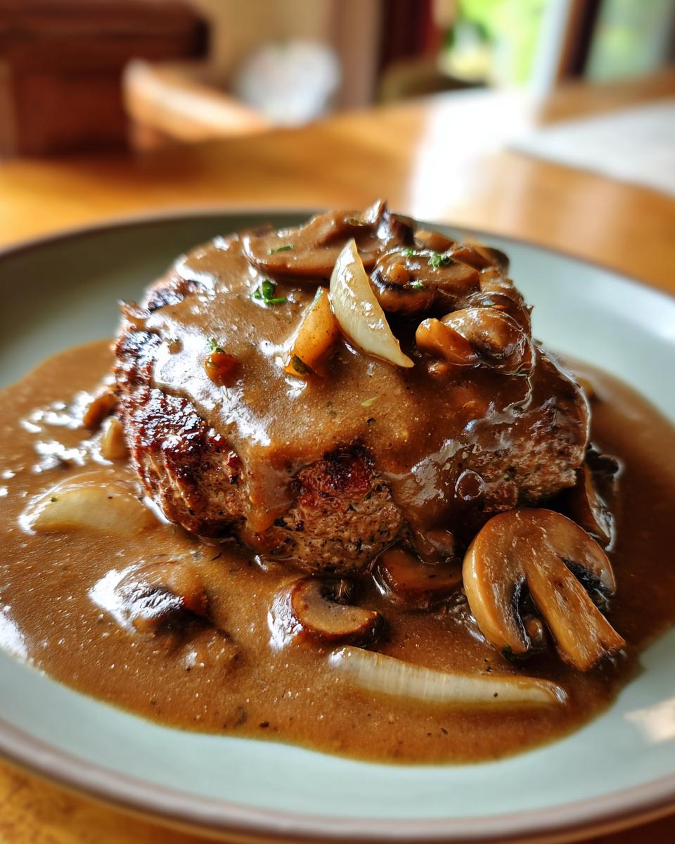 A juicy hamburger steak smothered in rich mushroom gravy with sliced mushrooms and onions.