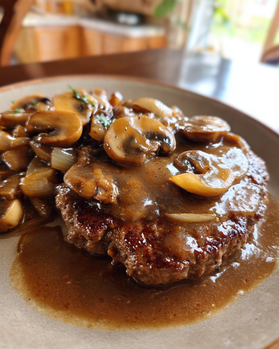 Close-up of a juicy hamburger steak smothered in rich mushroom gravy, topped with sliced mushrooms and onions.