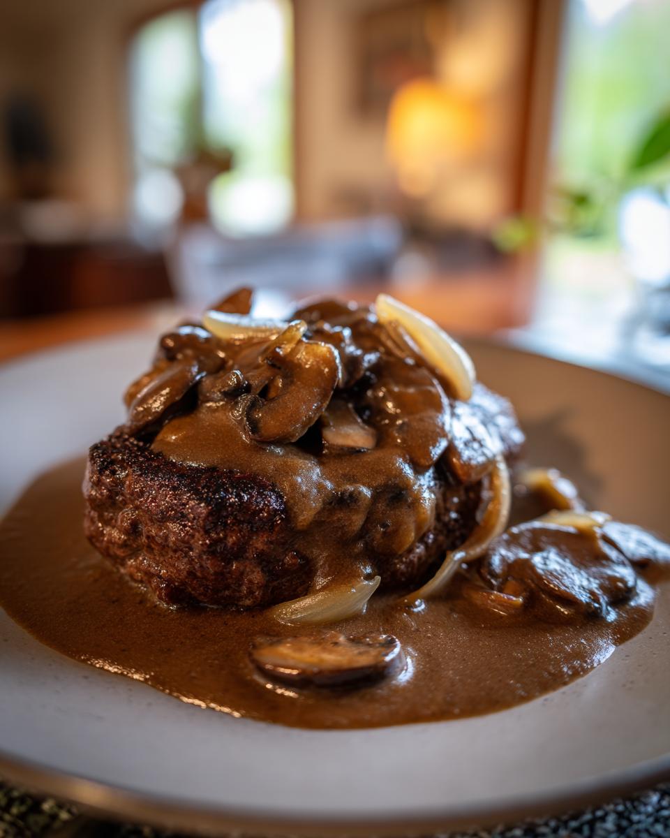A juicy hamburger steak smothered in rich mushroom gravy with sliced onions and mushrooms.