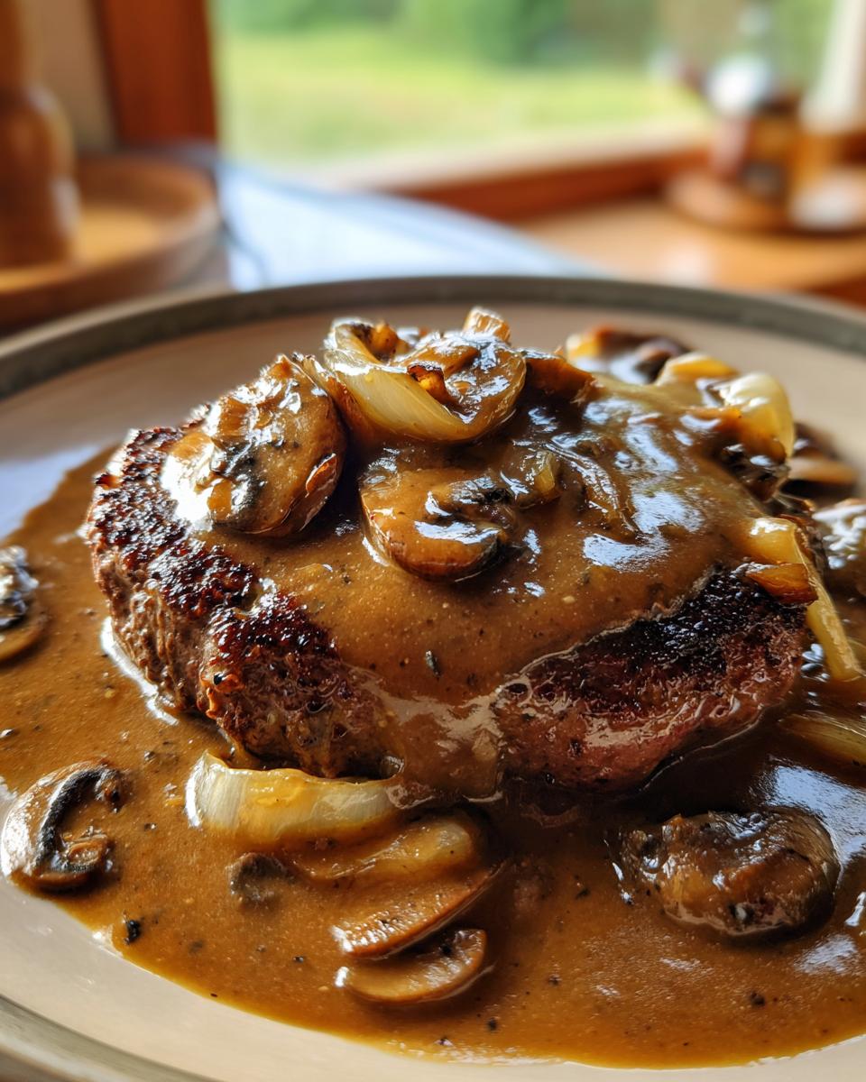 Close-up of a juicy hamburger steak smothered in rich mushroom gravy with sautéed onions and mushrooms.