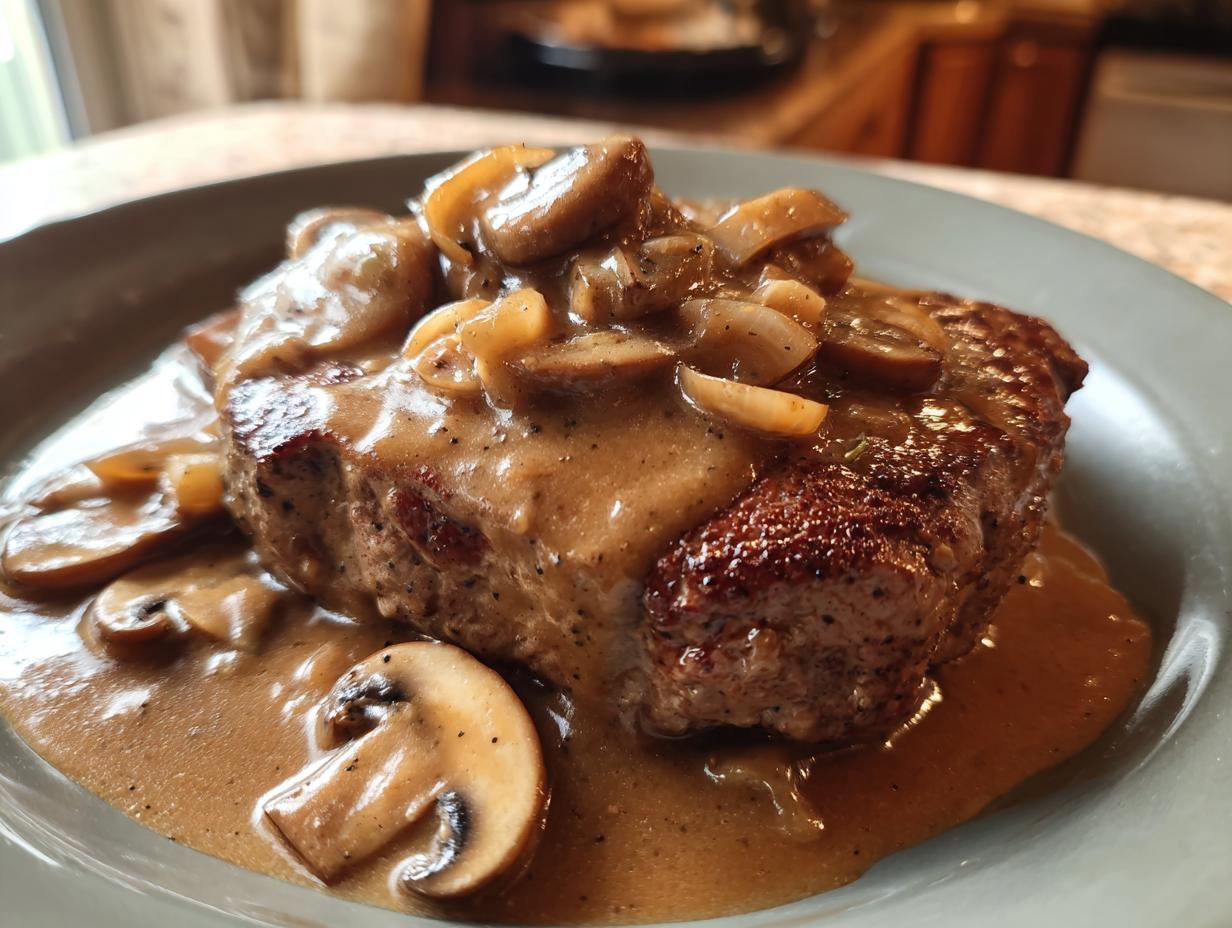A close-up of a juicy hamburger steak smothered in rich mushroom gravy.