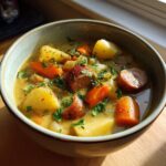 A close-up of a bowl filled with hearty sausage potato soup, featuring chunks of sausage, potatoes, and carrots, garnished with parsley.