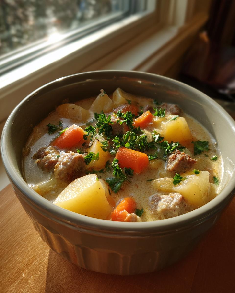 A close-up of a bowl of hearty sausage potato soup, filled with chunks of sausage, potatoes, carrots, and garnished with parsley.