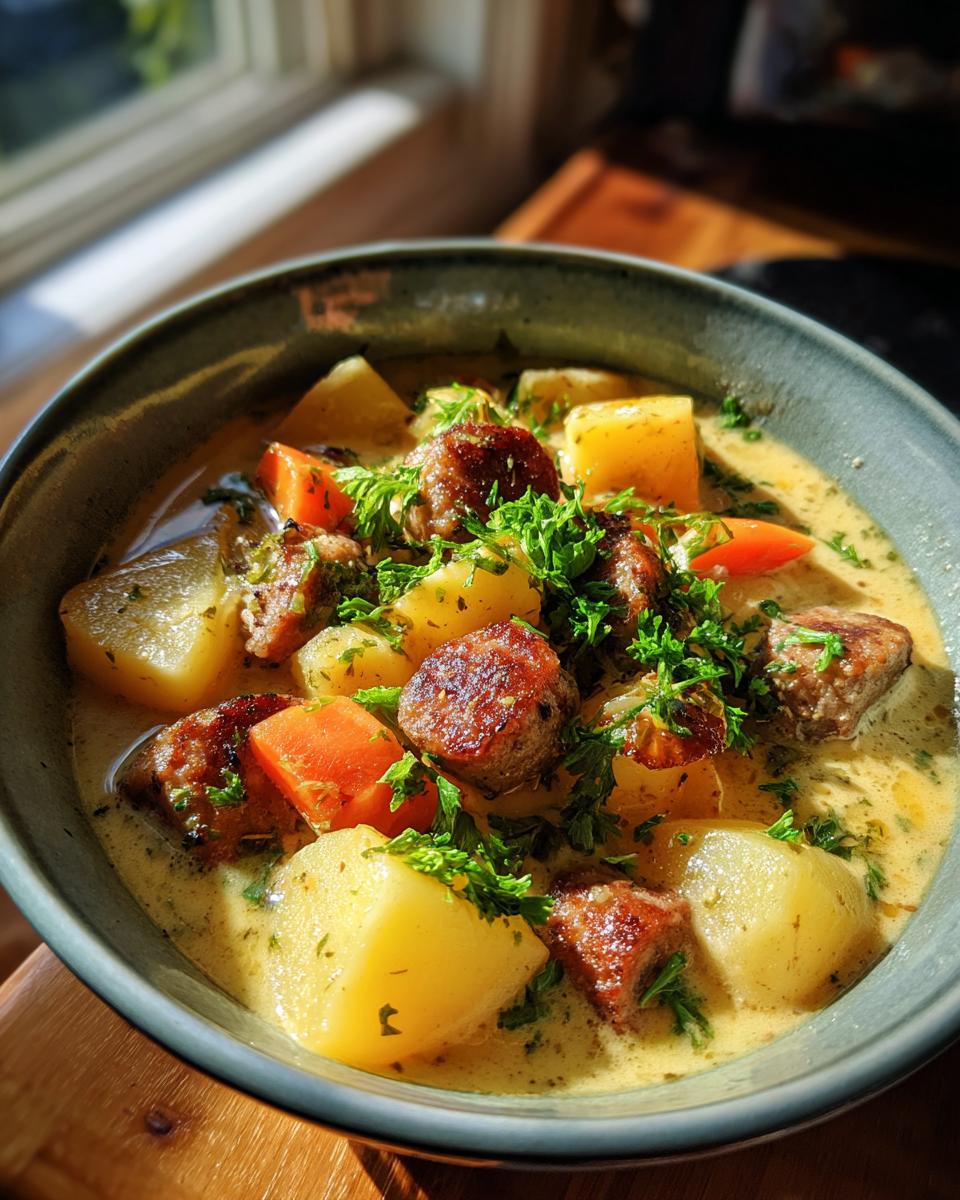 A close-up of a bowl of hearty sausage potato soup, featuring chunks of sausage, potatoes, carrots, and fresh parsley.