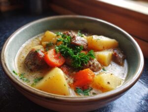 A close-up of a bowl filled with hearty sausage potato soup, featuring chunks of sausage, potatoes, carrots, and fresh parsley.