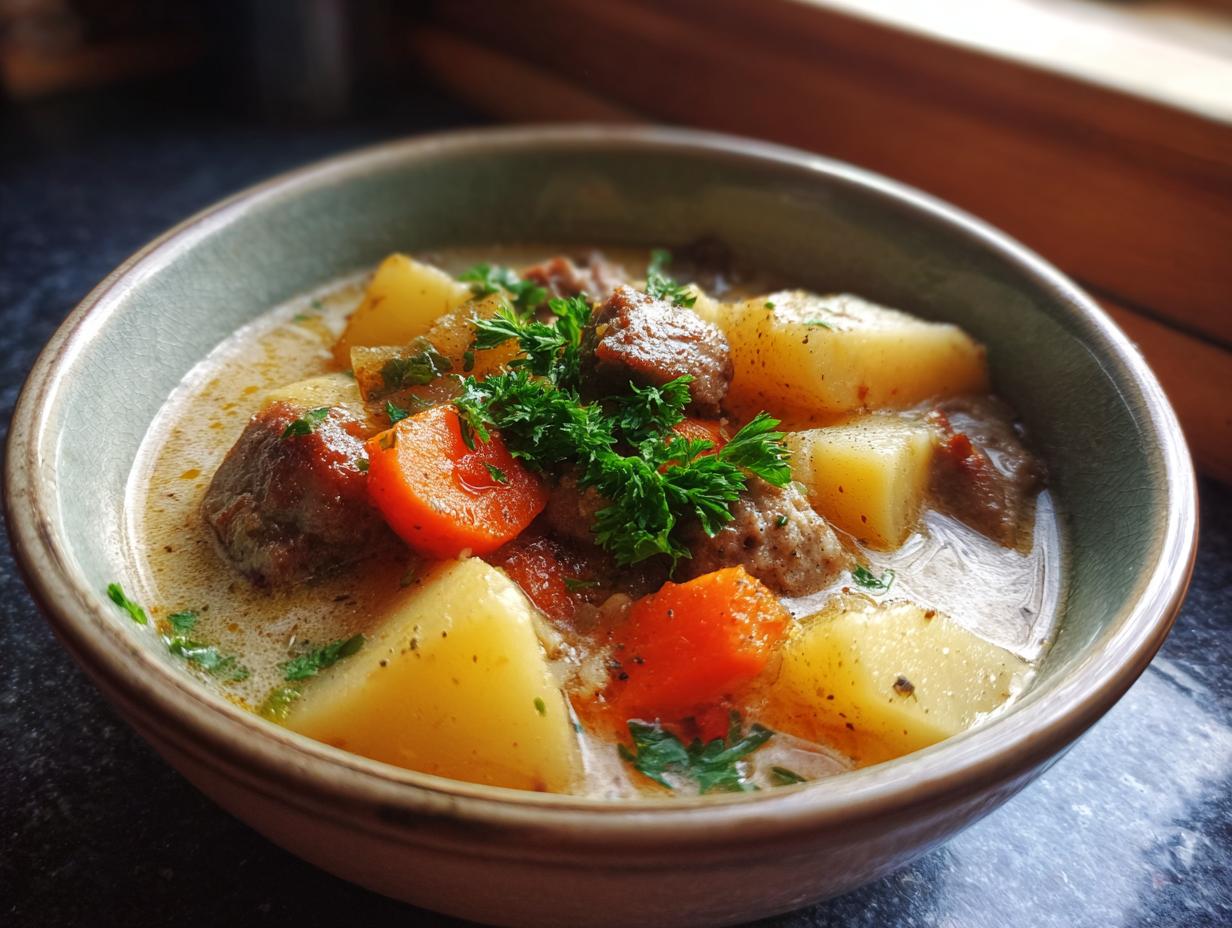A close-up of a bowl filled with hearty sausage potato soup, featuring chunks of sausage, potatoes, carrots, and fresh parsley.