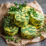 Close-up of fresh herb garlic butter rounds stacked on parchment paper, garnished with thyme sprigs.