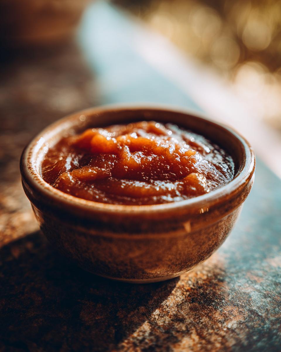 Close-up of rich, thick apple butter in a rustic brown bowl, perfect for spreading.