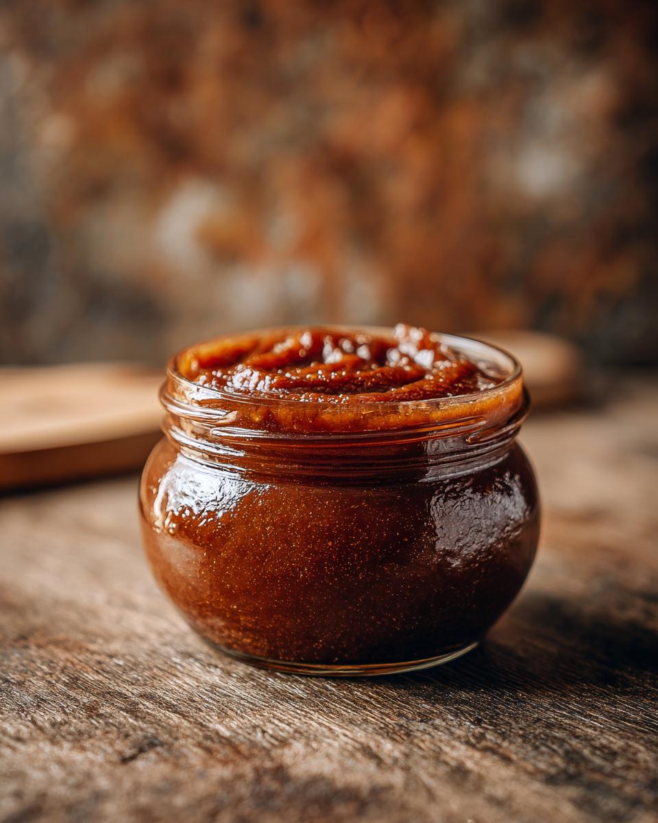A close-up shot of a glass jar filled with rich, dark apple butter on a rustic wooden surface.