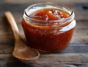 A close-up of a jar filled with rich, dark homemade apple butter, with a wooden spoon resting beside it.