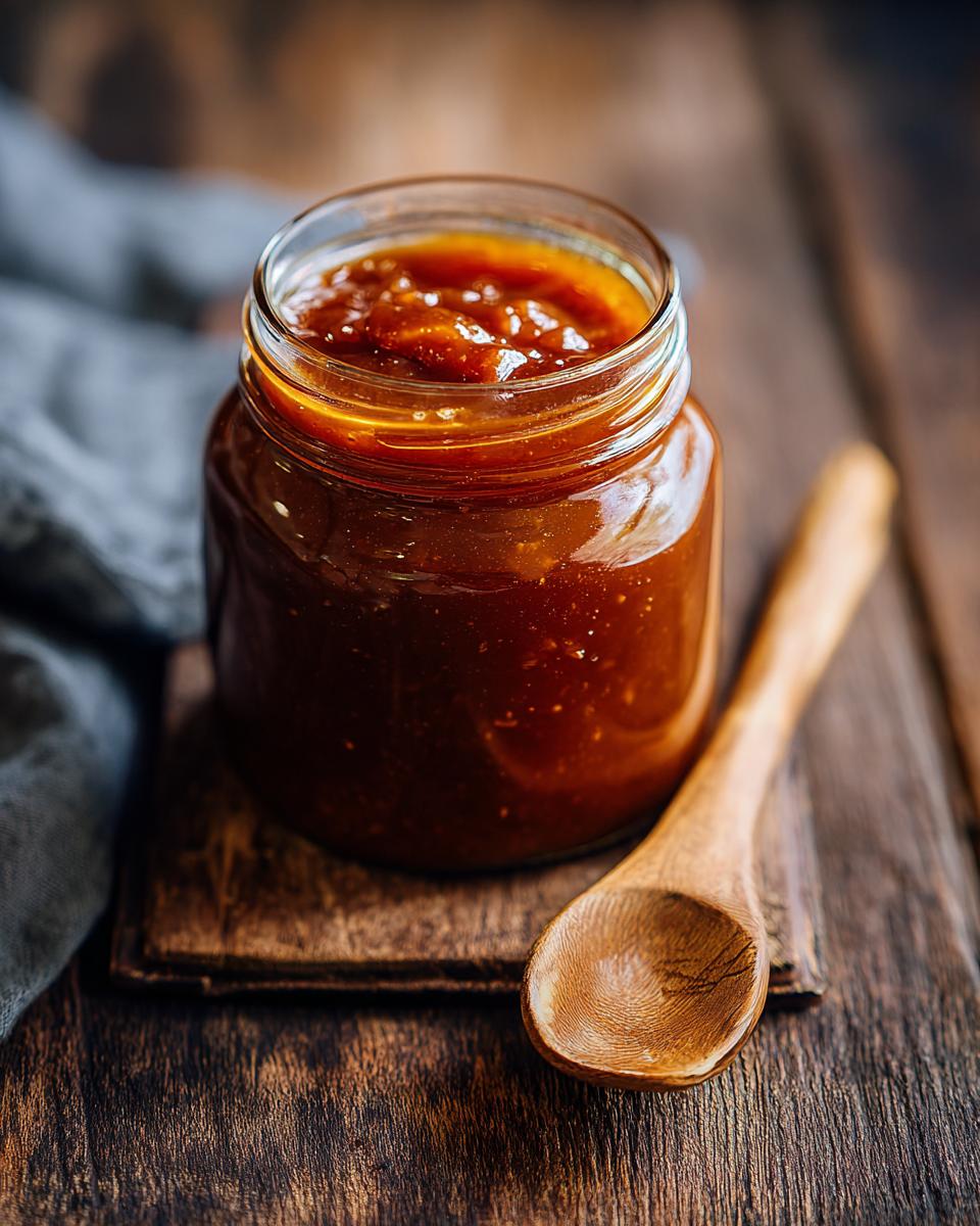 A glass jar filled with rich, dark homemade apple butter, next to a wooden spoon on a rustic wooden surface.