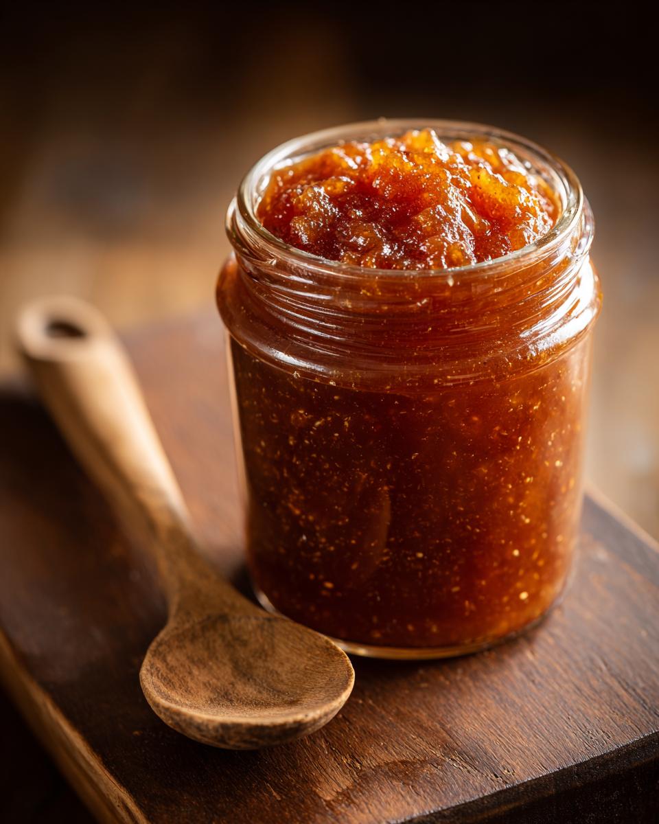 A glass jar filled with rich, dark homemade apple butter, next to a wooden spoon on a rustic wooden board.